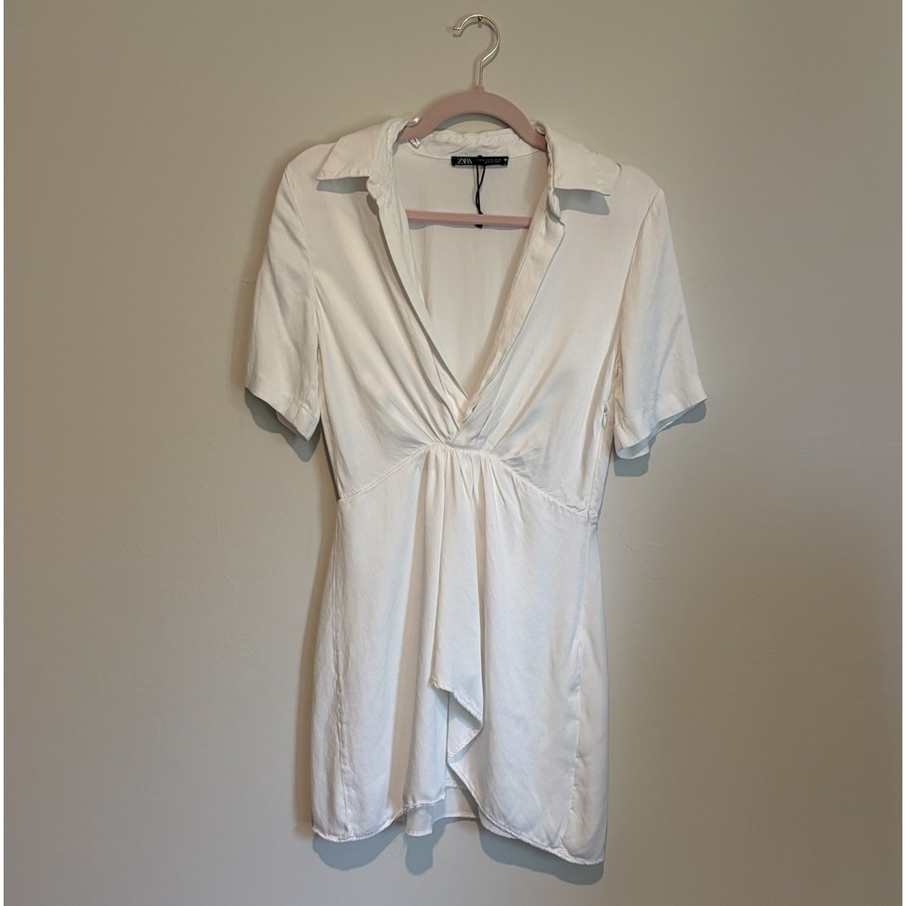 Zara‎ White Satin Faux Wrap Mini Dress Size Small Collared Short Sleeve